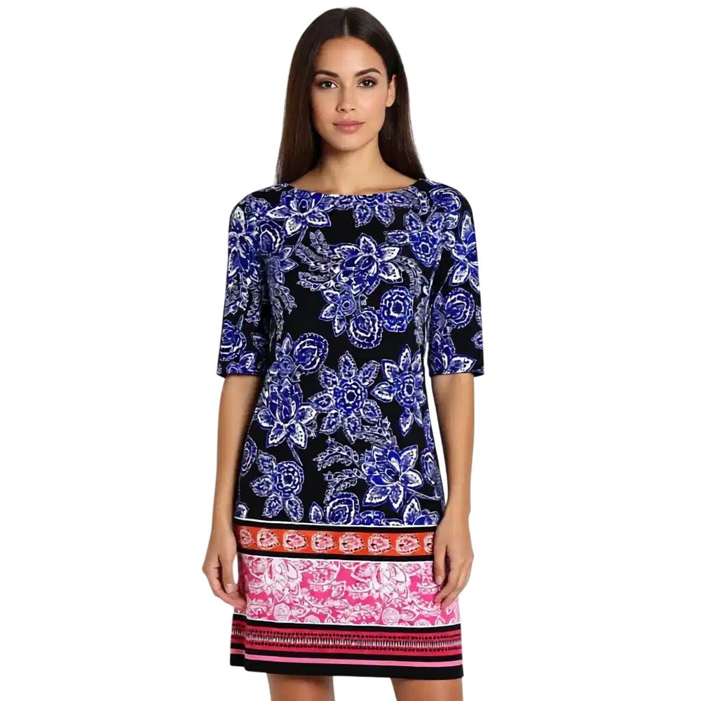 Eliza J Womens Blue Floral Border Print Sheath Dress Gold Back Zip Size 8